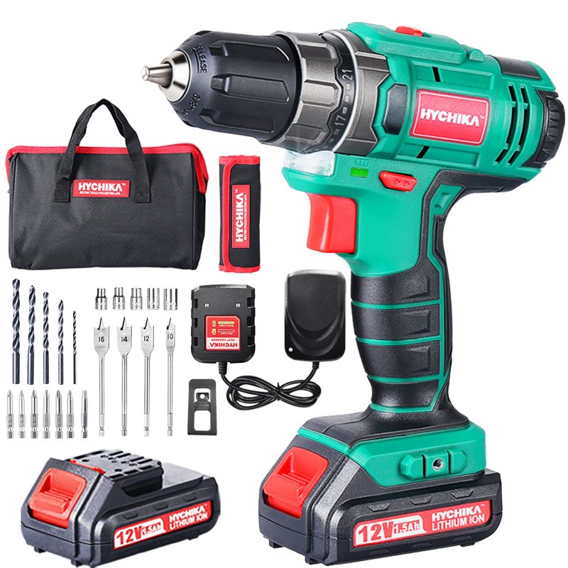 HYCHIKA 12V Double-Battery Cordless Electric Drill Electric Screwdriver Wireless Power Driver DC Lithium-Ion Battery Drill