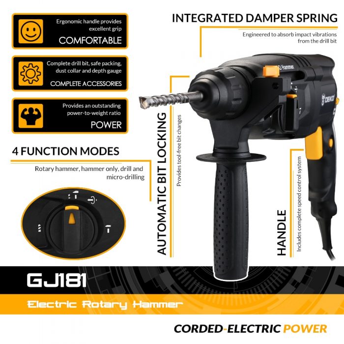 DEKO GJ181 220V 26mm AC Electric Rotary Hammer Four Functions with Accessories&BMC Box Impact Power Drill for Woodworking