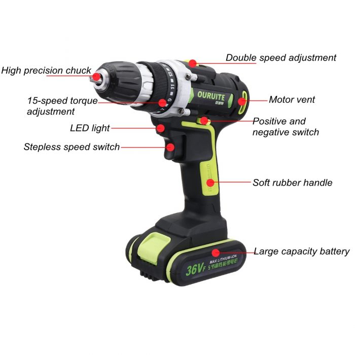 36V Max Double Speed Household Power Tool Electric Screwdriver with LED Light Lithium Battery Cordless Drill for Woodworking