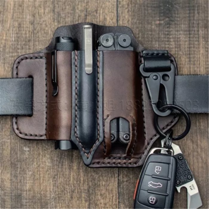 Outdoor Leather Tool Knife Sheath Pockets Multitools Holder Essentials Organizer Belt Pouch Pocket Hunt Tactical Flashlight