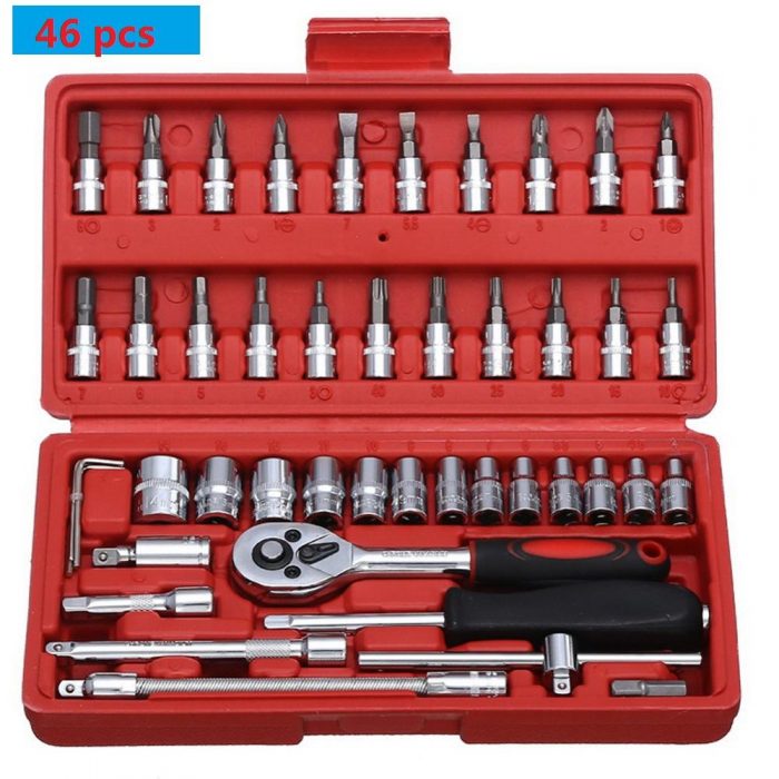 Car Repair Tool 46pcs 1/4-Inch Socket Set Car Repair Tool Ratchet Torque Wrench Combo Tools Kit Auto Repairing Tool Set