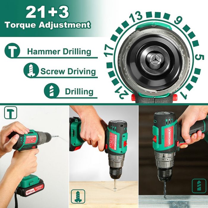 HYCHIKA 18V Brushless Driver Drill 60Nm Drill Hammer 3 Functions in 1 Brushless Driver Drill