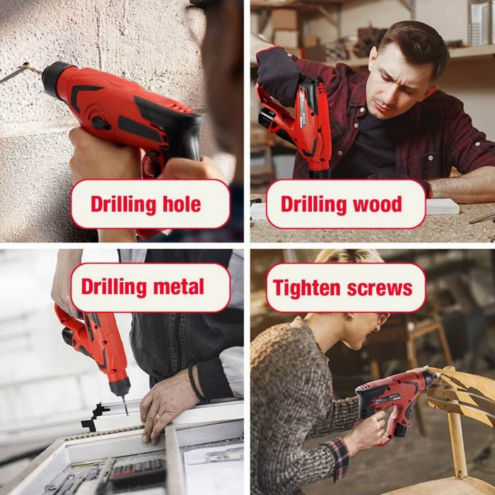 Electric Drill Hammer Rotary Hammer Drill Brushless Cordless Hammer Drill Screwdriver Power Tools with 2 Battery 1 Power Adapter