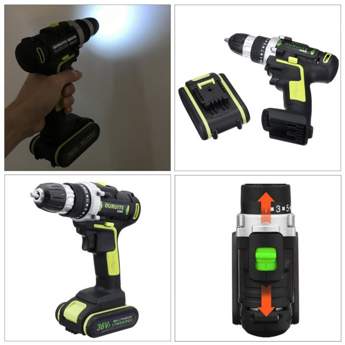 36V Max Double Speed Household Power Tool Electric Screwdriver with LED Light Lithium Battery Cordless Drill for Woodworking
