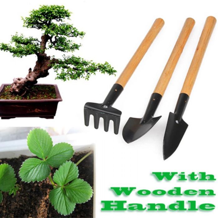 3pcs Mini Garden Plant Tool Set With Wooden Handle Gardening Tool Shovel Rake