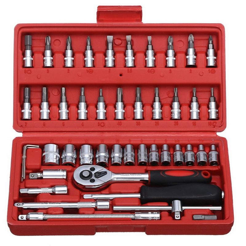 46pcs/set Car Repair Tools Socket Set 1/4'' Drive Ratchet Wrench Spanner Screwdrive Hex Kits Household Combination Hand Tool Set