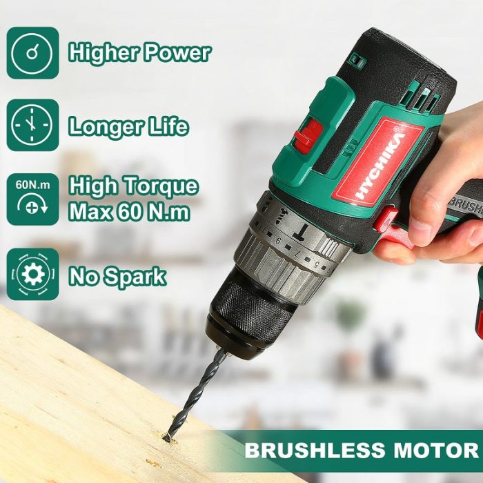 HYCHIKA 18V Brushless Driver Drill 60Nm Drill Hammer 3 Functions in 1 Brushless Driver Drill