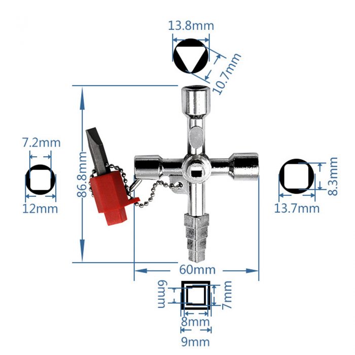 4 Way Cross Key Wrench Square Train Electrical Elevator Cabinet Box Household Repair Hand Tools Herramientas De Mano