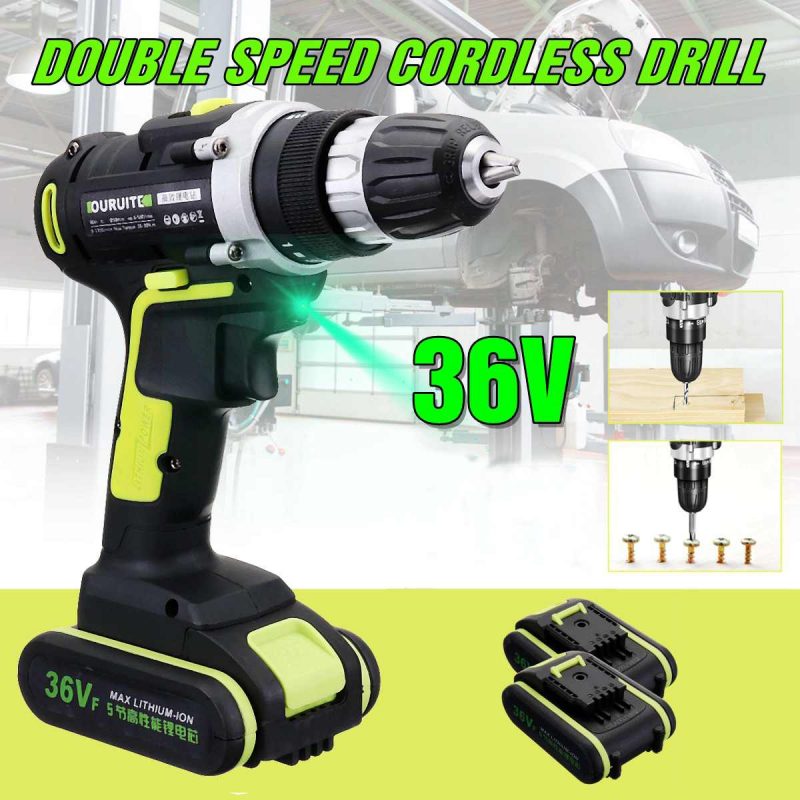 36V Max Double Speed Household Power Tool Electric Screwdriver with LED Light Lithium Battery Cordless Drill for Woodworking