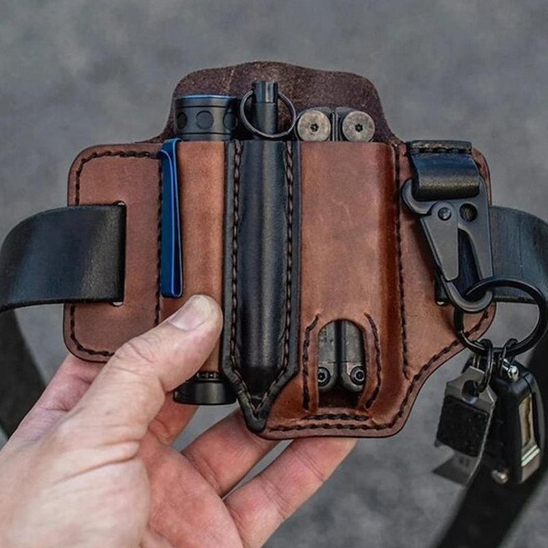 Outdoor Leather Tool Knife Sheath Pockets Multitools Holder Essentials Organizer Belt Pouch Pocket Hunt Tactical Flashlight