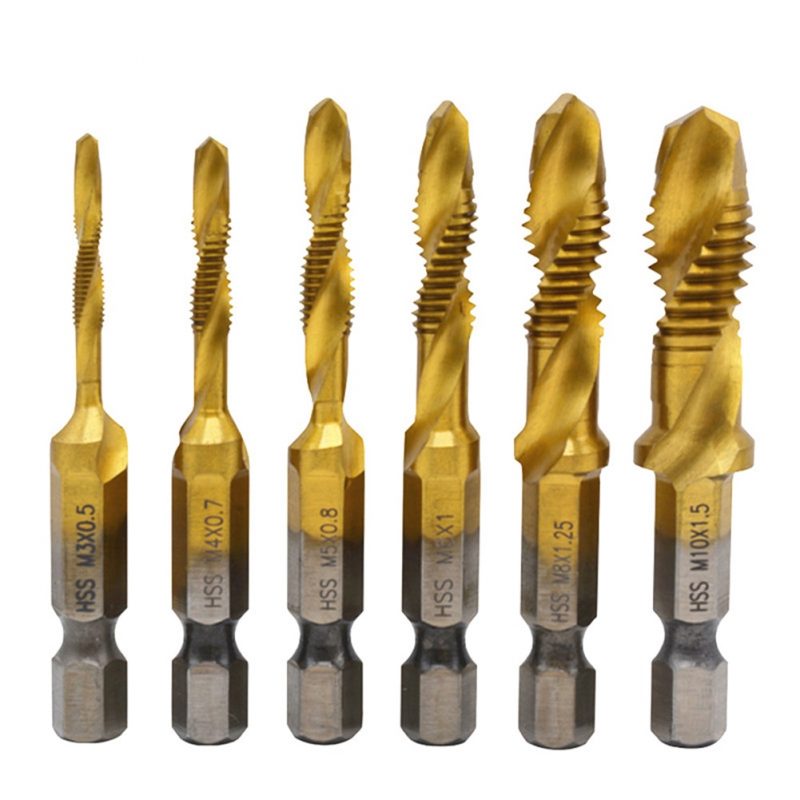 6pcs M3-M10 Hex Shank Titanium Plated HSS Screw Thread Metric Tap Drill Bits Screw Machine Compound Tap Hand Tools